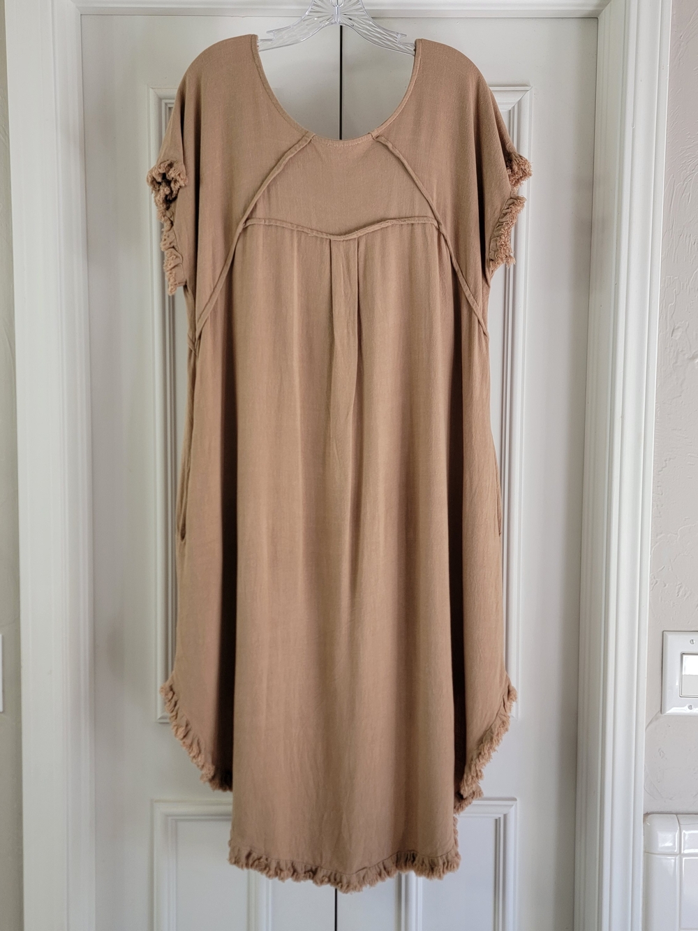Umgee Linen Blend Short Sleeve Hi Lo Dress Fringe Hem Pockets Coastal Boho Sz- L - Picture 2 of 8